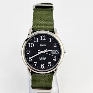 Timex Men's Watch 35MM Black Dial Date NEW Army Green Nylon Band NEW Battery